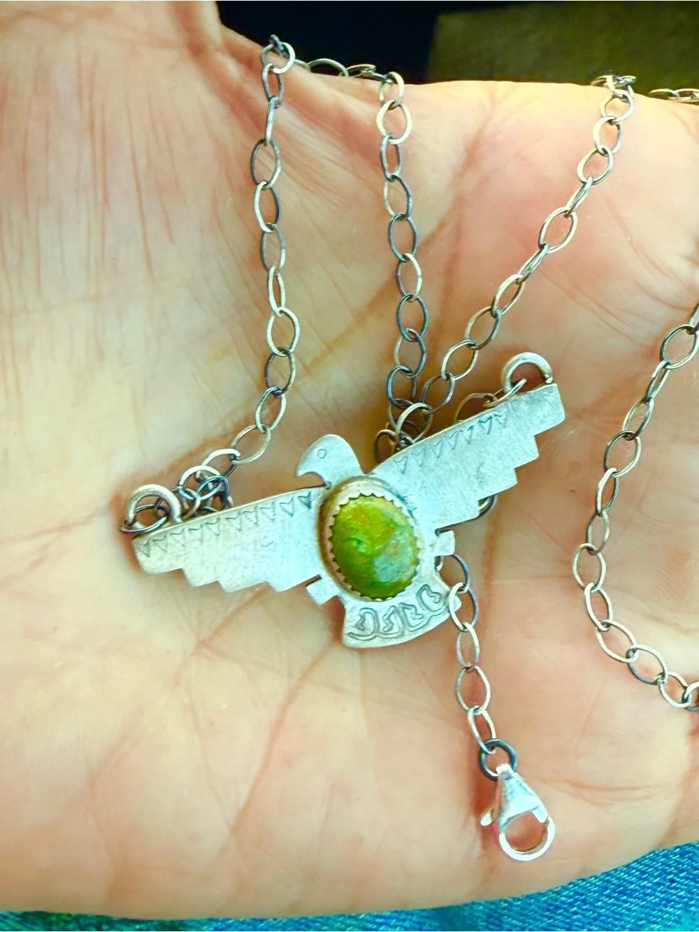 Southwestern Thunderbird Pendant Necklace with Green Stone Sterling 16 “